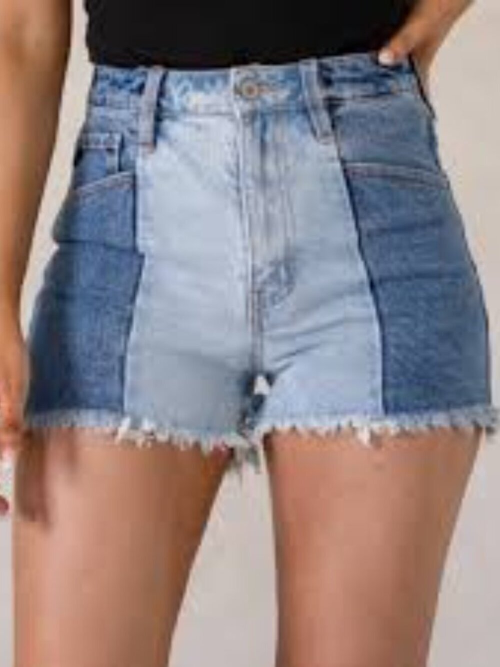NWT Kancan Ultra High-Waist Two-Tone Denim Cutoff Shorts - Light & Dark Blue